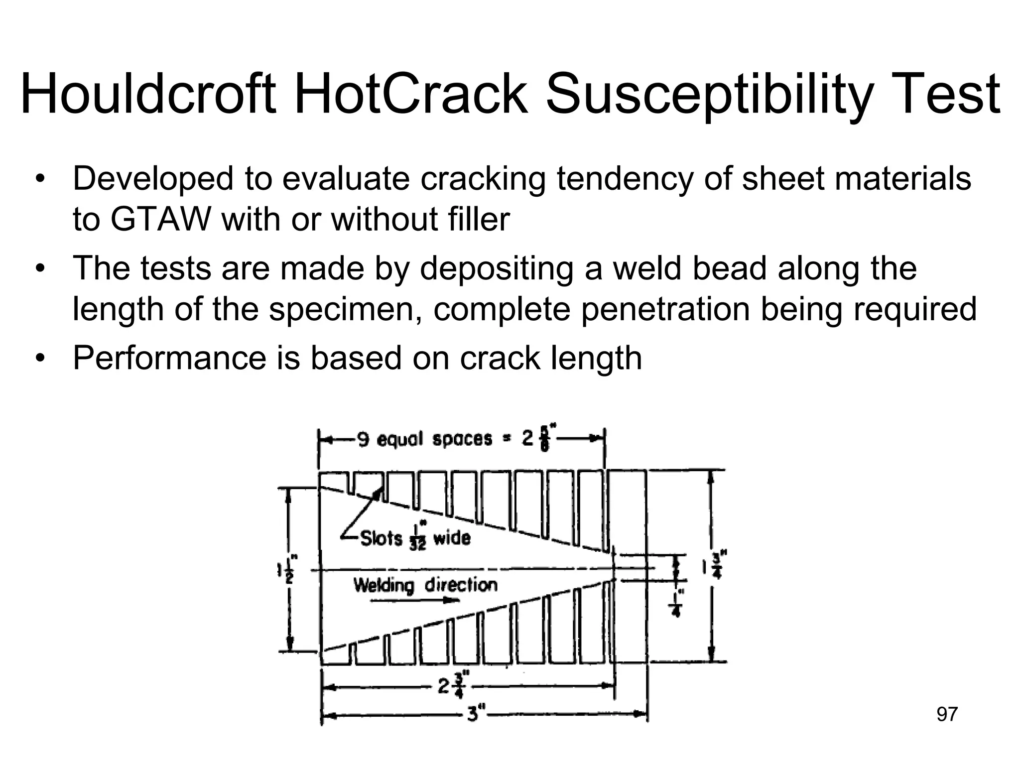 Houldcroft HotCrack Susceptibility Test
• Developed to evaluate cracking tendency of sheet materials
to GTAW with or without filler
• The tests are made by depositing a weld bead along the
length of the specimen, complete penetration being required
• Performance is based on crack length
9797
 