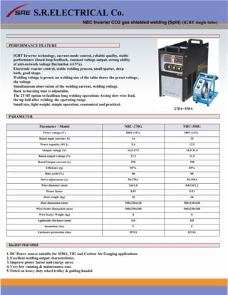 S.R.ELECTRICAL Co.
NBC Inverter CO2 gas shielded welding (Split) (IGBT single tube)
PERFORMANCE FEATURE
IGBT Inverter technology, current-mode control, reliable quality, stable
performance closed-loop feedback, constant voltage output, strong ability
of anti-network voltage fluctuation (±15%).
Electronic reactor control, stable welding process, small spatter, deep
bath, good shape.
Welding voltage is preset, no welding size of the table shows the preset voltage ,
the voltage
Simultaneous observation of the welding current, welding voltage.
Back to burning time is adjustable.
The 2T/4T option to facilltate long welding operations Arcing slow wire feed,
the tip ball after welding, the operating range
Small size, light weight, simple operation, economical and practical.
270A~350A
PARAMETER
Parameter / Model NBC-270G NBC-350G
Power voltage (V) 380V±15% 380V±15%
Rated input current (A) 14 14
Power capacity (kVA) 9.4 13.5
Output voltage (V) 16.5-27.5 16.5-31.5
Rated output voltage (V) 27.5 31.5
Rated Output current (A) 270 350
Efficiency (η) 85% 85%
Duty cycle (%) 60 60
Drive adjustment (A) 50-270A 50-350A
Wire diameter (mm) 0.8/1.0 0.8/1.0/1.2
Power factor 0.93 0.93
Host weight (kg) 20 20
Host dimension (mm) 500x230x420 500x230x420
Wire feeder dimension (mm) 560x230x360 560x230x360
Wire feeder Weight (kg) 8 8
Applicable thickness (mm) 0.8 0.8
Insulation class F F
Enclosure protection class IP21S IP21S
SALIENT FEATURES
1. DC Power source suitable for MMA, TIG and Carbon Air Gauging applications.
2. Excellent welding output characteristics.
3. Improve power factor and energy saver.
4. Very low running & maintenance cost.
5. Fitted on heavy duty wheel trolley & pulling handel.
www.srelectricals.co.in 04
 