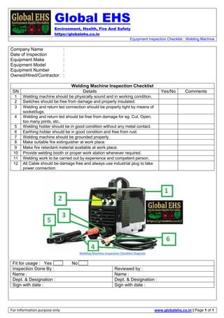 Global EHS
Environment, Health, Fire And Safety
https://globalehs.co.in
Equipment Inspection Checklist : Welding Machine
For Information purpose only www.globalehs.co.in | Page 1 of 1
Company Name :
Date of Inspection :
Equipment Make :
Equipment Model :
Equipment Number :
Owned/Hired/Contractor :
Welding Machine Inspection Checklist
SN Details Yes/No Comments
1 Welding machine should be physically sound and in working condition.
2 Switches should be free from damage and properly insulated.
3 Welding and return led connection should be properly tight by means of
socket/lugs.
4 Welding and return led should be free from damage for eg. Cut, Open,
too many joints, etc..
5 Welding holder should be in good condition without any metal contact.
6 Earthing holder should be in good condition and free from rust.
7 Welding machine should be grounded properly.
8 Make suitable fire extinguisher at work place.
9 Make fire retardant material available at work place.
10 Provide welding booth or proper work station whenever required.
11 Welding work to be carried out by experience and competent person.
12 All Cable should be damage free and always use industrial plug to take
power connection.
Welding Machine Inspection Checklist Diagram
Fit for usage : Yes No
Inspection Done By : Reviewed by :
Name : Name :
Dept. & Designation : Dept. & Designation :
Sign with date : Sign with date :
 