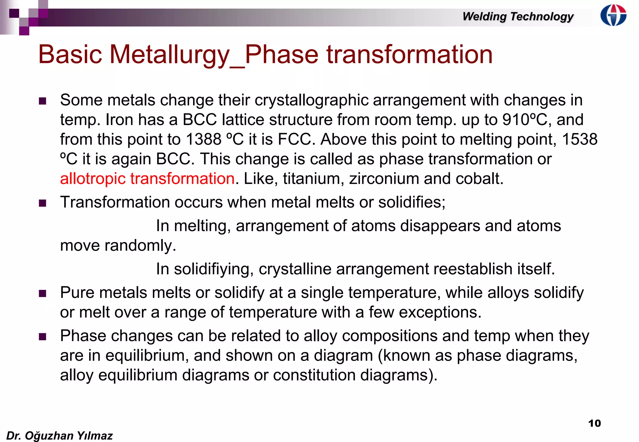10
 Some metals change their crystallographic arrangement with changes in
temp. Iron has a BCC lattice structure from room temp. up to 910ºC, and
from this point to 1388 ºC it is FCC. Above this point to melting point, 1538
ºC it is again BCC. This change is called as phase transformation or
allotropic transformation. Like, titanium, zirconium and cobalt.
 Transformation occurs when metal melts or solidifies;
In melting, arrangement of atoms disappears and atoms
move randomly.
In solidifiying, crystalline arrangement reestablish itself.
 Pure metals melts or solidify at a single temperature, while alloys solidify
or melt over a range of temperature with a few exceptions.
 Phase changes can be related to alloy compositions and temp when they
are in equilibrium, and shown on a diagram (known as phase diagrams,
alloy equilibrium diagrams or constitution diagrams).
Basic Metallurgy_Phase transformation
Dr. Oğuzhan Yılmaz
Welding Technology
 