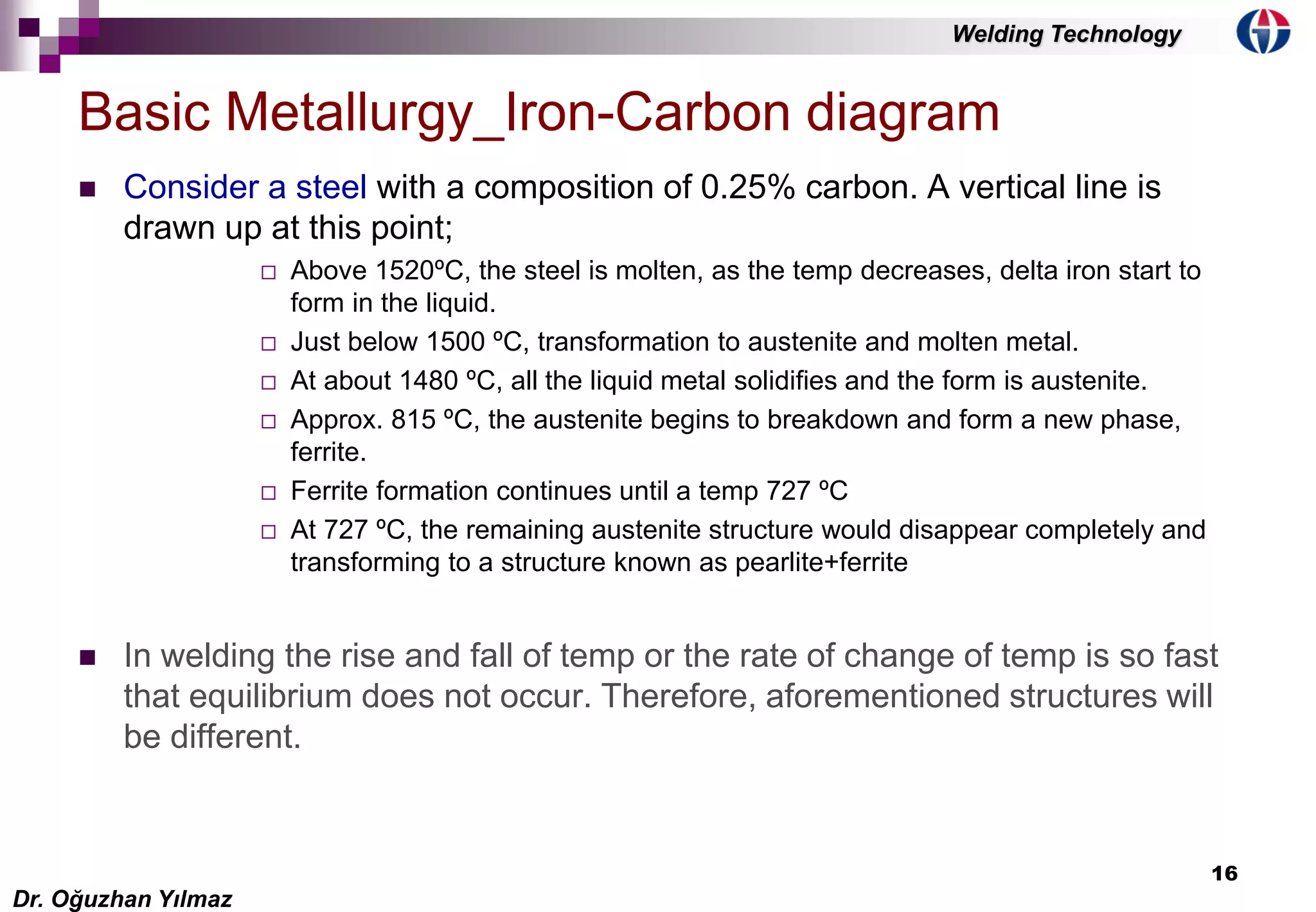 16
 Consider a steel with a composition of 0.25% carbon. A vertical line is
drawn up at this point;
 Above 1520ºC, the steel is molten, as the temp decreases, delta iron start to
form in the liquid.
 Just below 1500 ºC, transformation to austenite and molten metal.
 At about 1480 ºC, all the liquid metal solidifies and the form is austenite.
 Approx. 815 ºC, the austenite begins to breakdown and form a new phase,
ferrite.
 Ferrite formation continues until a temp 727 ºC
 At 727 ºC, the remaining austenite structure would disappear completely and
transforming to a structure known as pearlite+ferrite
 In welding the rise and fall of temp or the rate of change of temp is so fast
that equilibrium does not occur. Therefore, aforementioned structures will
be different.
Basic Metallurgy_Iron-Carbon diagram
Dr. Oğuzhan Yılmaz
Welding Technology
 
