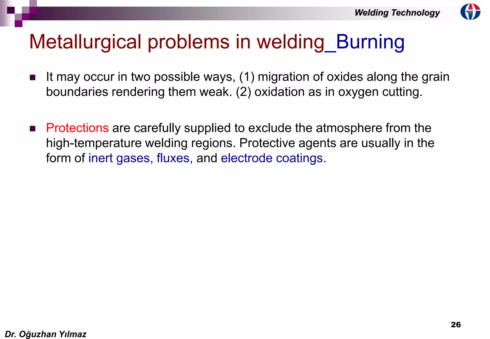26
 It may occur in two possible ways, (1) migration of oxides along the grain
boundaries rendering them weak. (2) oxidation as in oxygen cutting.
 Protections are carefully supplied to exclude the atmosphere from the
high-temperature welding regions. Protective agents are usually in the
form of inert gases, fluxes, and electrode coatings.
Metallurgical problems in welding_Burning
Dr. Oğuzhan Yılmaz
Welding Technology
 
