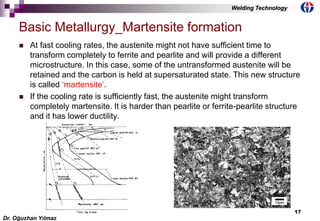 17
 At fast cooling rates, the austenite might not have sufficient time to
transform completely to ferrite and pearlite and will provide a different
microstructure. In this case, some of the untransformed austenite will be
retained and the carbon is held at supersaturated state. This new structure
is called ‘martensite’.
 If the cooling rate is sufficiently fast, the austenite might transform
completely martensite. It is harder than pearlite or ferrite-pearlite structure
and it has lower ductility.
Basic Metallurgy_Martensite formation
Dr. Oğuzhan Yılmaz
Welding Technology
 