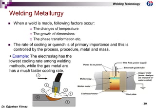20
 When a weld is made, following factors occur:
 The changes of temperature
 The growth of dimensions
 The phase transformation etc.
 The rate of cooling or quench is of primary importance and this is
controlled by the process, procedure, metal and mass.
Welding Metallurgy
 Example: The electroslag has the
lowest cooling rate among welding
methods, while the gas metal arc
has a much faster cooling rate.
Dr. Oğuzhan Yılmaz
Welding Technology
 