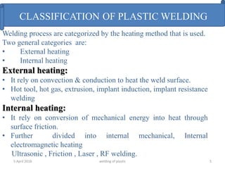 5 April 2016 welding of plastic 5
CLASSIFICATION OF PLASTIC WELDING
Welding process are categorized by the heating method that is used.
Two general categories are:
• External heating
• Internal heating
External heating:
• It rely on convection & conduction to heat the weld surface.
• Hot tool, hot gas, extrusion, implant induction, implant resistance
welding
Internal heating:
• It rely on conversion of mechanical energy into heat through
surface friction.
• Further divided into internal mechanical, Internal
electromagnetic heating
Ultrasonic , Friction , Laser , RF welding.
 
