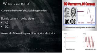 What is current?
Almostalloftheweldingmachinesrequire electricity
Electriccurrentmaybeeither:
• AC
• DC
Currentistheflowofelectricalchargecarriers,
 