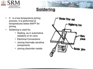Soldering
•   It is a low temperature joining
    process. It is performed at
    temperatures below 840ºF for
    joining.
•   Soldering is used for,
          • Sealing, as in automotive
             radiators or tin cans
          • Electrical Connections
          • Joining thermally sensitive
             components
          • Joining dissimilar metals
 