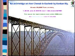 An arch-bridge on river Chenab in Kashmir by Konkan Rly, Usage 26,000 Tons of steel,   1.3K.M. long & 359 M high > Affil tower (324M) This will be the tallest bridge made within 30Months Ref:  www.bbchindi.com  – dated 17 th , Apr, 2006 