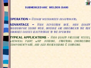 SUBMERGED ARC  WELDER (SAW) OPERATION –  Usually mechanized or automatic .  ADVANTAGE –  High deposition rate, high quality radiographic sound weld, invisible arc underneath the flux granules causes least fatigue to the operator. TYPICAL APPLICATIONS  –  High quality pressure vessel,  c hemical plant,  s hip building, structural engineering component parts, and also for rebuilding & surfacing. 