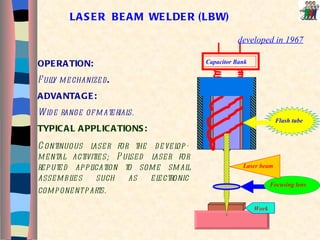 LASER  BEAM  WELDER (LBW) Capacitor Bank Flash tube Focusing lens Work Laser beam developed in 1967 OPERATION: Fully   mechanized .  ADVANTAGE:  Wide range of materials . TYPICAL APPLICATIONS: Continuous laser for the develop-mental activities; Pulsed laser for reputed application to some small assemblies such as electronic component parts.   