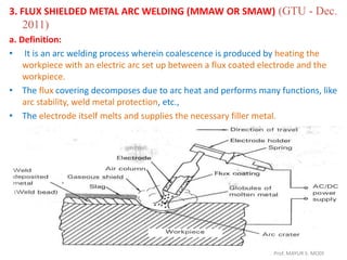 3. FLUX SHIELDED METAL ARC WELDING (MMAW OR SMAW) (GTU - Dec.
2011)
a. Definition:
• It is an arc welding process wherein coalescence is produced by heating the
workpiece with an electric arc set up between a flux coated electrode and the
workpiece.
• The flux covering decomposes due to arc heat and performs many functions, like
arc stability, weld metal protection, etc.,
• The electrode itself melts and supplies the necessary filler metal.
Prof. MAYUR S. MODI
 