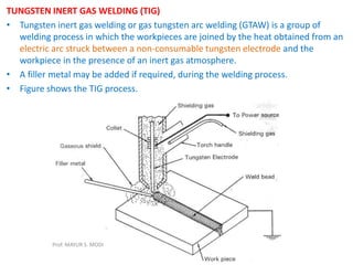 TUNGSTEN INERT GAS WELDING (TIG)
• Tungsten inert gas welding or gas tungsten arc welding (GTAW) is a group of
welding process in which the workpieces are joined by the heat obtained from an
electric arc struck between a non-consumable tungsten electrode and the
workpiece in the presence of an inert gas atmosphere.
• A filler metal may be added if required, during the welding process.
• Figure shows the TIG process.
Prof. MAYUR S. MODI
 