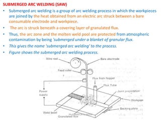 SUBMERGED ARC WELDING (SAW)
• Submerged arc welding is a group of arc welding process in which the workpieces
are joined by the heat obtained from an electric arc struck between a bare
consumable electrode and workpiece.
• The arc is struck beneath a covering layer of granulated flux.
• Thus, the arc zone and the molten weld pool are protected from atmospheric
contamination by being 'submerged under a blanket of granular flux.
• This gives the name 'submerged arc welding' to the process.
• Figure shows the submerged arc welding process.
Prof. MAYUR S. MODI
 
