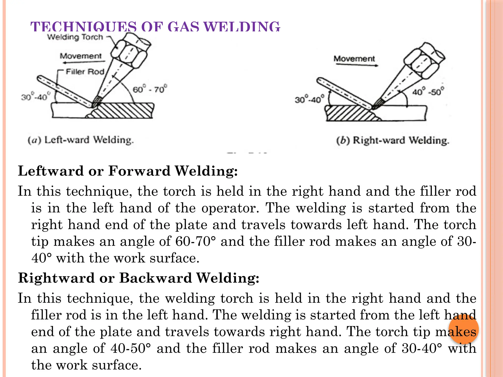 TECHNIQUES OF GAS WELDING
Leftward or Forward Welding:
In this technique, the torch is held in the right hand and the filler rod
is in the left hand of the operator. The welding is started from the
right hand end of the plate and travels towards left hand. The torch
tip makes an angle of 60-70° and the filler rod makes an angle of 30-
40° with the work surface.
Rightward or Backward Welding:
In this technique, the welding torch is held in the right hand and the
filler rod is in the left hand. The welding is started from the left hand
end of the plate and travels towards right hand. The torch tip makes
an angle of 40-50° and the filler rod makes an angle of 30-40° with
the work surface.
 