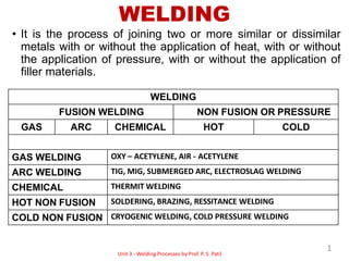 WELDING
• It is the process of joining two or more similar or dissimilar
metals with or without the application of heat, with or without
the application of pressure, with or without the application of
filler materials.
WELDING
FUSION WELDING NON FUSION OR PRESSURE
GAS ARC CHEMICAL HOT COLD
GAS WELDING OXY – ACETYLENE, AIR - ACETYLENE
ARC WELDING TIG, MIG, SUBMERGED ARC, ELECTROSLAG WELDING
CHEMICAL THERMIT WELDING
HOT NON FUSION SOLDERING, BRAZING, RESSITANCE WELDING
COLD NON FUSION CRYOGENIC WELDING, COLD PRESSURE WELDING
1
Unit 3 - Welding Processes by Prof. P. S. Patil
 
