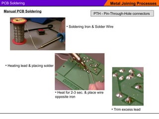 PCB Soldering
• Soldering Iron & Solder Wire
Metal Joining Processes
Manual PCB Soldering
• Heating lead & placing solder
• Trim excess lead
• Heat for 2-3 sec. & place wire
opposite iron
PTH - Pin-Through-Hole connectors
 