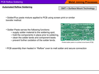 PCB Reflow Soldering Metal Joining Processes
Automated Reflow Soldering
SMT = Surface Mount Technology
Printed solder paste on a printed circuit board (PCB)
• Solder Paste serves the following functions:
– supply solder material to the soldering spot,
– hold the components in place prior to soldering,
– clean the solder lands and component leads
– prevent further oxidation of the solder lands.
• Solder/Flux paste mixture applied to PCB using screen print or similar
transfer method
• PCB assembly then heated in “Reflow” oven to melt solder and secure connection
 