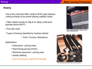 Brazing
Use of low melt point filler metal to fill thin gap between
mating surfaces to be joined utilizing capillary action
Metal Joining Processes
Brazing
Applications:
• Pipe/Tubing joining (HVAC)
• Filler metals include Al, Mg & Cu alloys (melt point
typically above 840 F)
• Automotive - joining tubes
• Electrical equipment - joining wires
• Jewelry Making
• Flux also used
• Types of brazing classified by heating method:
– Torch, Furnace, Resistance
• Joint can possess significant strength
 