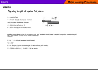 Brazing Metal Joining Processes
Brazing
Figuring length of lap for flat joints.
X = Length of lap
T = Tensile strength of weakest member
W = Thickness of weakest member
C = Joint integrity factor of .8
L = Shear strength of brazed filler metal
Let’s see how this formula works, using an example.
Problem: What length of lap do you need to join .050" annealed Monel sheet to a metal of equal or greater strength?
Solution:
C = .8 T = 70,000 psi (annealed Monel sheet)
W = .050"
L = 25,000 psi (Typical shear strength for silver brazing filler metals)
X = (70,000 x .050) /(.8 x 25,000) = .18" lap length
 