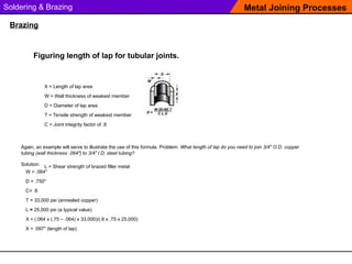 Soldering & Brazing Metal Joining Processes
Brazing
Figuring length of lap for tubular joints.
X = Length of lap area
W = Wall thickness of weakest member
D = Diameter of lap area
T = Tensile strength of weakest member
C = Joint integrity factor of .8
L = Shear strength of brazed filler metal
Again, an example will serve to illustrate the use of this formula. Problem: What length of lap do you need to join 3/4" O.D. copper
tubing (wall thickness .064") to 3/4" I.D. steel tubing?
Solution:
W = .064"
D = .750"
C= .8
T = 33,000 psi (annealed copper)
L = 25,000 psi (a typical value)
X = (.064 x (.75 – .064) x 33,000)/(.8 x .75 x 25,000)
X = .097" (length of lap)
 