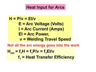 Heat Input for Arcs
H = P/v = EI/v
E = Arc Voltage (Volts)
I = Arc Current (Amps)
EI = Arc Power,
v = Welding Travel Speed
Hnet = f1H = f1P/v = f1EI/v
f1 = Heat Transfer Efficiency
Not all the arc energy goes into the work
 