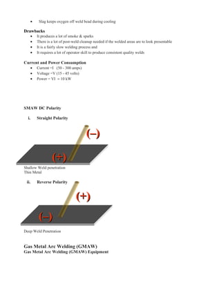 • Slag keeps oxygen off weld bead during cooling
Drawbacks
• It produces a lot of smoke & sparks
• There is a lot of post-weld cleanup needed if the welded areas are to look presentable
• It is a fairly slow welding process and
• It requires a lot of operator skill to produce consistent quality welds
Current and Power Consumption
• Current =I (50 - 300 amps)
• Voltage =V (15 - 45 volts)
• Power = VI ≈ 10 kW
SMAW DC Polarity
i. Straight Polarity
Shallow Weld penetration
Thin Metal
ii. Reverse Polarity
Deep Weld Penetration
Gas Metal Arc Welding (GMAW)
Gas Metal Arc Welding (GMAW) Equipment
(+)(+)
(–)(–)
(–)(–)
(+)(+)
 