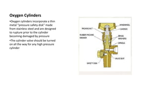 Oxygen Cylinders
•Oxygen cylinders incorporate a thin
metal “pressure safety disk” made
from stainless steel and are designed
to rupture prior to the cylinder
becoming damaged by pressure
•The cylinder valve should be turned
on all the way for any high pressure
cylinder
 