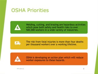 OSHA Priorities
PPT-094-01 3
Welding, cutting, and brazing are hazardous activities
which pose both safety and health risks to over
500,000 workers in a wide variety of industries.
The risk from fatal injuries is more than four deaths
per thousand workers over a working lifetime.
OSHA is developing an action plan which will reduce
worker exposures to these hazards.
 