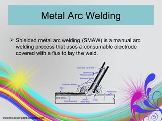 Metal Arc Welding
 Shielded metal arc welding (SMAW) is a manual arc
welding process that uses a consumable electrode
covered with a flux to lay the weld.
 