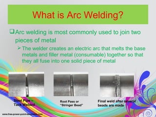 What is Arc Welding?
Arc welding is most commonly used to join two
pieces of metal
The welder creates an electric arc that melts the base
metals and filler metal (consumable) together so that
they all fuse into one solid piece of metal
Steel Pipe –
Tack Welded
Root Pass or
“Stringer Bead”
Final weld after several
beads are made
 