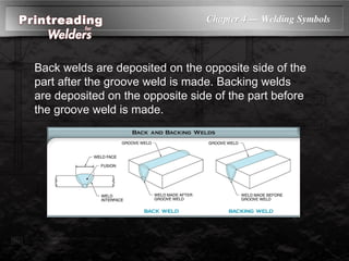 Chapter 4 — Welding Symbols
Back welds are deposited on the opposite side of the
part after the groove weld is made. Backing welds
are deposited on the opposite side of the part before
the groove weld is made.
 