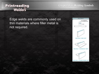 Chapter 4 — Welding Symbols
Edge welds are commonly used on
thin materials where filler metal is
not required.
 