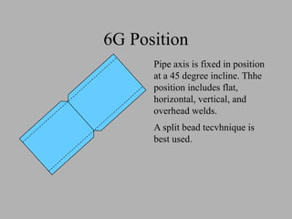 6G Position
Pipe axis is fixed in position
at a 45 degree incline. Thhe
position includes flat,
horizontal, vertical, and
overhead welds.
A split bead tecvhnique is
best used.
 