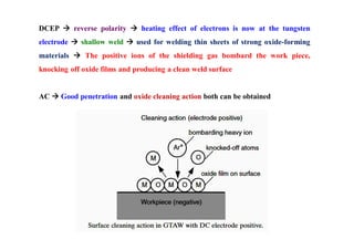 DCEP  reverse polarity  heating effect of electrons is now at the tungsten
electrode  shallow weld  used for welding thin sheets of strong oxide-forming
materials  The positive ions of the shielding gas bombard the work piece,
knocking off oxide films and producing a clean weld surface
AC  Good penetration and oxide cleaning action both can be obtained
 