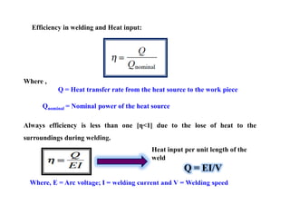 Efficiency in welding and Heat input:
Where ,
Q = Heat transfer rate from the heat source to the work piece
Qnominal = Nominal power of the heat source
Always efficiency is less than one [η˂1] due to the lose of heat to the
surroundings during welding.
Where, E = Arc voltage; I = welding current and V = Welding speed
Heat input per unit length of the
weld
Q = EI/V
 