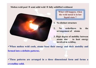 Molten weld pool  semi solid weld  fully solidified weldment
What will happen, when
the weld metal is in hot
liquid state ?
1. No distinct structure
2. No orderliness in the
arrangement of atoms
3. High degree of mobility between
atoms due to heat energy
involved in welding.
When molten weld cools, atoms loose their energy and their mobility and
formed into a definite patterns.
These patterns are arranged in a three dimensional form and forms a
crystalline solid.
 
