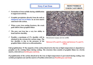 Grey Cast Iron
 Formation of iron carbide during solidification
is suppressed entirely.
 Graphite precipitates directly from the melt as
elongated and curved flakes in an iron matrix
saturated with carbon.
 When a grey iron casting fractures, the crack
path follows these graphite flakes
 The gray cast iron has a very low ability to
bend and low ductility.
 Possibly a maximum of 2% ductility will be
obtained in the extreme low carbon range. The
low ductility is due to the presence of the
graphite flakes which act as discontinuities.
Full graphitization  The majority of the carbon dissolved in the iron at high temperatures is deposited as
graphite on the existing flakes during cooling. The structure then consists of graphite flakes in a ferrite
matrix, referred to as ferritic grey cast iron.
If graphitization of the carbon dissolved in the iron at high temperatures is prevented during cooling, iron
carbide precipitates out and the matrix is Pearlitic (referred to as Pearlitic grey cast iron).
Between 2.5% and 4% carbon and between 1% and 3%
silicon
MOST WIDELY
USED CAST IRON
 