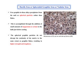 Ductile Iron or Spheroidal Graphite Iron or Nodular Iron
 Free graphite in these alloys precipitates from
the melt as spherical particles rather than
flakes.
 This is accomplished through the addition of
small amounts of magnesium or cerium to the
ladle just before casting.
 The spherical graphite particles do not
disrupt the continuity of the matrix to the
same extent as graphite flakes, resulting in
higher strength and toughness.
 