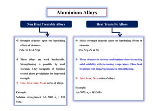 Aluminium Alloys
Non Heat Treatable Alloys Heat Treatable Alloys
 Strength depends upon the hardening
effects of elements
(Mn, Si, Fe & Mg)
 These alloys are work hardenable.
Strengthening is possible by cold
working. They incapable of forming
second phase precipitates for improved
strength.
 1xxx, 3xxx, 4xxx, 5xxxx series of alloys.
Example:
Solution strengthened AA 5083 σy = 230
MPa
 Initial Strength depends upon the hardening effects of
elements
(Cu, Mg, Zn & Si)
 These elements is various combinations show increasing
solid solubility with increasing temperature. Thus, heat
treatment will impart pronounced strengthening.
 2xxx, 6xxx, 7xxx series of alloys.
Example:
AA 7075 σy = 505 MPa
 