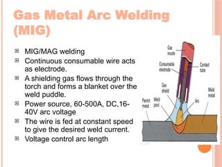 Gas Metal Arc Welding
(MIG)
 MIG/MAG welding
 Continuous consumable wire acts
as electrode.
 A shielding gas flows through the
torch and forms a blanket over the
weld puddle.
 Power source, 60-500A, DC,16-
40V arc voltage
 The wire is fed at constant speed
to give the desired weld current.
 Voltage control arc length
 