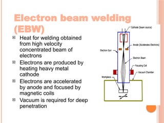 Electron beam welding
(EBW)
 Heat for welding obtained
from high velocity
concentrated beam of
electrons
 Electrons are produced by
heating heavy metal
cathode
 Electrons are accelerated
by anode and focused by
magnetic coils
 Vacuum is required for deep
penetration
 