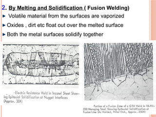 2. By Melting and Solidification ( Fusion Welding)
Volatile material from the surfaces are vaporized
Oxides , dirt etc float out over the melted surface
Both the metal surfaces solidify together
 