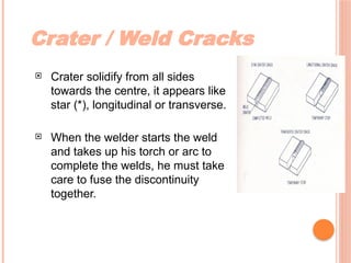 Crater / Weld Cracks
 Crater solidify from all sides
towards the centre, it appears like
star (*), longitudinal or transverse.
 When the welder starts the weld
and takes up his torch or arc to
complete the welds, he must take
care to fuse the discontinuity
together.
 