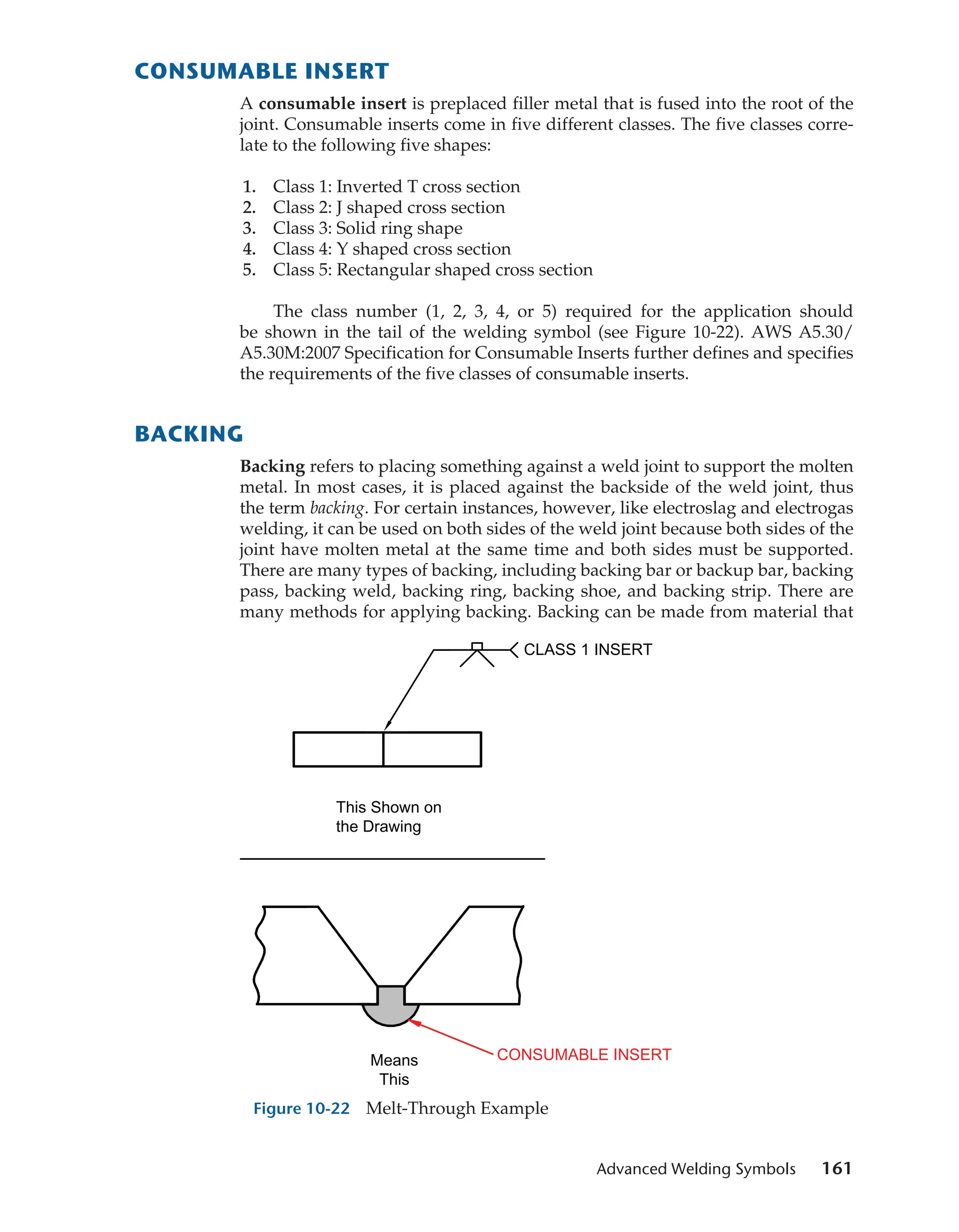 Advanced Welding Symbols  161
Consumable Insert
A consumable insert is preplaced filler metal that is fused into the root of the
joint. Consumable inserts come in five different classes. The five classes corre-
late to the following five shapes:
1. Class 1: Inverted T cross section
2. Class 2: J shaped cross section
3. Class 3: Solid ring shape
4. Class 4: Y shaped cross section
5. Class 5: Rectangular shaped cross section
The class number (1, 2, 3, 4, or 5) required for the application should
be shown in the tail of the welding symbol (see Figure 10-22). AWS A5.30/
A5.30M:2007 Specification for Consumable Inserts further defines and specifies
the requirements of the five classes of consumable inserts.
Backing
Backing refers to placing something against a weld joint to support the molten
metal. In most cases, it is placed against the backside of the weld joint, thus
the term backing. For certain instances, however, like electroslag and electrogas
welding, it can be used on both sides of the weld joint because both sides of the
joint have molten metal at the same time and both sides must be supported.
There are many types of backing, including backing bar or backup bar, backing
pass, backing weld, backing ring, backing shoe, and backing strip. There are
many methods for applying backing. Backing can be made from material that
Means
This
This Shown on
the Drawing
CLASS 1 INSERT
CONSUMABLE INSERT
Figure 10-22 Melt-Through Example
M10_CORG3839_02_SE_C10.indd 161 26/09/15 4:49 pm
 