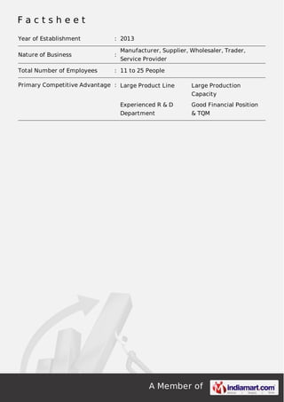 Factsheet
Year of Establishment

: 2013

Nature of Business

:

Total Number of Employees

: 11 to 25 People

Manufacturer, Supplier, Wholesaler, Trader,
Service Provider

Primary Competitive Advantage : Large Product Line

Large Production
Capacity

Experienced R & D

Good Financial Position

Department

& TQM

A Member of

 
