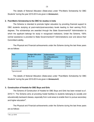-3-
The details of Notional Allocation (State-wise) under “Pre-Matric Scholarship for OBC
Students” during the year 2010-2014 are given in Annexure-I.
2. Post-Matric Scholarship to the OBC for studies in India
The Scheme is intended to promote higher education by providing financial support to
OBC students studying at post-matric/post-secondary levels leading to their earning Ph.D.
degrees. The scholarships are awarded through the State Government/UT Administration to
which the applicant belongs for study in recognized institutions. Under the Scheme, 100%
central assistance is provided to State Governments/UT Administrations over and above their
Committed Liability.
The Physical and Financial achievements under the Scheme during the last three years
are as follows:
The details of Notional Allocation (State-wise) under “Post-Matric Scholarship for OBC
Students” during the year 2010-2014 are given in Annexure-II.
3. Construction of Hostels for OBC Boys and Girls
The Scheme of Construction of Hostels for OBC Boys and Girls has been revised w.e.f.
2010-11. The Scheme aims at providing hostel facilities to students belonging to socially and
educationally backward classes, especially from rural areas to enable them to pursue secondary
and higher education4
.
The Physical and Financial achievements under the Scheme during the last three years
are as follows:
4
Ibid., pp. 92-94.
 