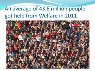 An average of 43.6 million people
got help from Welfare in 2011
 