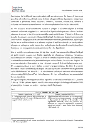 Documento del 31 marzo 2016
11 | 24
l’esclusione dal reddito di lavoro dipendente del servizio erogato dal datore di lavoro era
possibile solo se la spesa, oltre ad essere destinata alla generalità dei dipendenti o categorie di
dipendenti e presentare finalità educativa, formativa, ricreativa, assistenziale, sanitaria o
religiosa, era sostenuta volontariamente e non in adempimento di un vincolo contrattuale.
La ratio di questa modifica normativa è quella di spingere lo sviluppo dei piani di welfare
aziendale attribuendo maggiore forza contrattuale ai dipendenti che potranno valutare l’utilizzo
di questo strumento in fase di negoziazione delle condizioni di lavoro. L’obiettivo della norma
è quello di estendere i servizi di welfare evitando che gli stessi possano diventare uno strumento
di involontaria diseguaglianza fra un dipendente che lavora in una grande azienda, e quindi più
incline anche su base volontaria ad adottare un piano di welfare aziendale, ed un dipendente
che opera in un’impresa media piccola dove un fisiologico ritardo culturale potrebbe impedirne
l’adozione con conseguenti disparità economiche fra i due dipendenti9
.
Con la modifica normativa apportata alla lett. f) si estende l’esclusione dal reddito ai fini Irpef
di quelle misure concesse per finalità specifiche di educazione, istruzione, ricreazione,
assistenza sociale, sanitaria e religiosa in forza di contratti di secondo livello, confermando al
contempo la detassabilità delle prestazioni erogate unilateralmente, in modo tale da poter far
convivere piani di welfare adottati su base volontaria con quelli derivanti dalla contrattazione.
Di conseguenza, stando al nuovo dettato normativo, le spese sostenute dal datore di lavoro in
base ad un vincolo contrattuale per erogare servizi ai dipendenti sembrerebbero integralmente
deducibili in base all’art. 95 del T.U.I.R., diversamente dalle spese sostenute volontariamente
che sono deducibili in base all’art. 100 nella misura del 5 per mille del costo per prestazioni di
lavoro dipendente.
Di seguito si riporta per maggiore chiarezza espositiva la versione del testo dell’art. 51, comma
2, lett. f), T.U.I.R. prima e dopo la modifica intervenuta ad opera della Legge di Stabilità 2016
e le condizioni richieste per rendere i piani agevolabili fiscalmente.
Tav. 8
ART. 51, comma 2, lett. f) T.U.I.R.
Testo in vigore fino al 31.12.2015 Testo in vigore dall’1.01.2016
f) l'utilizzazione delle opere e dei servizi di cui al
comma 1 dell'articolo 100 da parte dei dipendenti e dei
soggetti indicati nell'articolo 13
f) l'utilizzazione delle opere e dei servizi riconosciuti
dal datore di lavoro volontariamente o in conformità
a disposizioni di contratto o di accordo o di
regolamento aziendale, offerti alla generalita' dei
dipendenti o a categorie di dipendenti e ai familiari
indicati nell'articolo 12 per le finalità di cui al comma
1 dell'articolo 100
9
Per una responsabilità civile delle imprese verso il welfare generativo e di territorio, Estratto da Sviluppo & Organizzazione
n. 263 – Marzo/Aprile 2015
 
