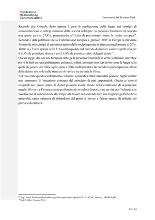 Documento del 31 marzo 2016
24 | 24
Secondo dati Consob, dopo appena 3 anni di applicazione della legge, nei consigli di
amministrazione e collegi sindacali delle società obbligate, la presenza femminile ha toccato
una quota pari al 27,4%, permettendo all’Italia di posizionarsi sopra la media europea23
.
Secondo i dati pubblicati dalla Commissione europea a gennaio 2015 in Europa la presenza
femminile nei consigli di amministrazione delle società quotate si attestava mediamente al 20%.
Tuttavia, i livelli apicali nelle 316 società quotate sul mercato domestico sono ricoperti solo per
il 6,5% da presidenti donna e per il 6,8% da amministratori delegati donna24
.
Questa legge, che con una forzatura obbliga la presenza femminile ai vertici aziendali, dovrebbe
porre le basi per un cambiamento culturale; infatti, un intervento top-down come la legge sulle
quote di genere dovrebbe agire come effetto moltiplicatore favorendo la partecipazione attiva
delle donne non solo nelle strutture di vertice ma in tutta la filiera.
Nel realizzare questo cambiamento culturale, i piani di welfare aziendale possono rappresentare
uno strumento di attuazione concreta del principio di pari opportunità. Grazie ai servizi
erogabili con questi piani, le donne possono essere messe nella condizione di organizzare
meglio il lavoro e l’avanzamento professionale avendo a disposizione servizi per l’infanzia che
favoriscono la conciliazione dei tempi vita-lavoro consentendo loro una migliore gestione della
maternità, causa primaria di abbandono del posto di lavoro e fattore spesso di criticità nei
percorsi di carriera.
23
http://www.fondazionebellisario.org/online/wp-content/uploads/2015/10/PDF_Inserto_LOWRES.pdf
24
Sole 24 Ore, 8 marzo 2016
 