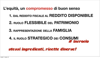 L’equità, un compromesso di buon senso
                     1. DAL REDDITO FISCALE AL REDDITO DISPONIBILE

                     2. RUOLO FLESSIBILE DEL PATRIMONIO
                     3. RAPPRESENTAZIONE DELLA FAMIGLIA
                     4. IL RUOLO STRATEGICO DEI CONSUMI
                                                   # incrocio

                 stessi ingredienti, ricette diverse!
lunedì 11 marzo 13
 